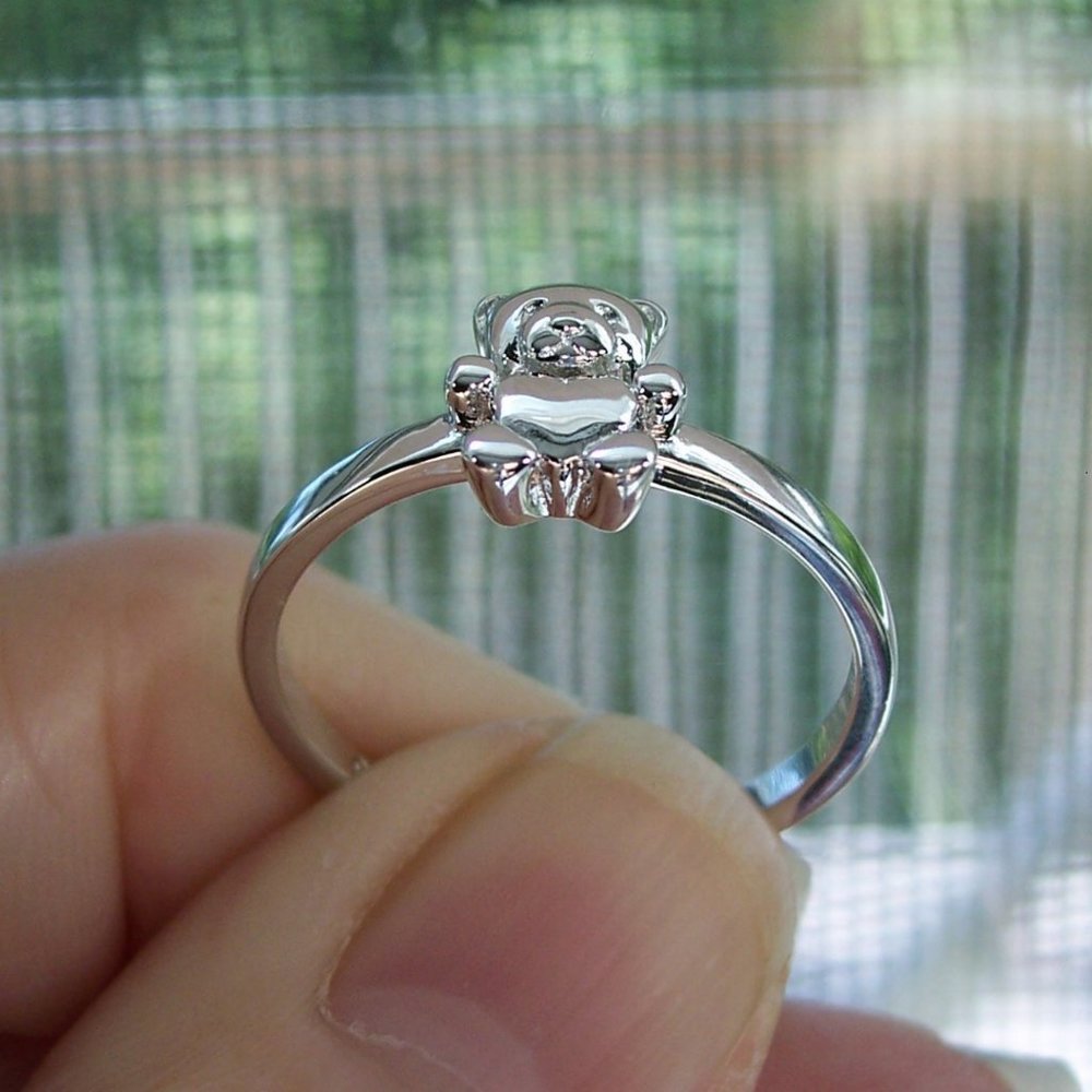 Adorable Dainty Teddy Bear Ring With Heart Belly 925 Sterling Silver - Picture 7 of 15